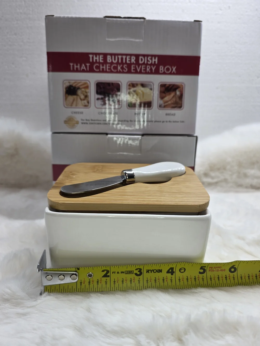 White Ceramic Butter Dish with Bamboo Lid and Spreader